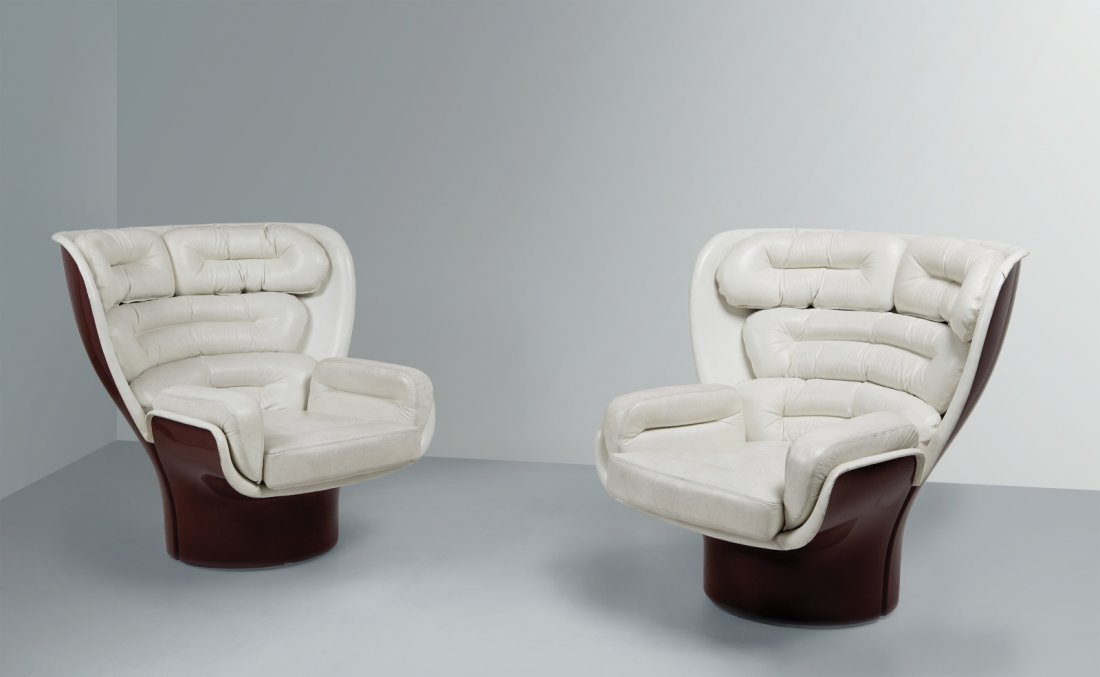 JOE COLOMBO Due poltrone girevoli ¿Elda¿ per: JOE COLOMBO Due poltrone girevoli ¿Elda¿ per COMFORT, 1963. Vetroresina, imbottitura rivestita in pelle. Altezza cm 97, larghezza 94, profondità 92. Letteratura: Domus 432 (novembre 1965), p. 33; G