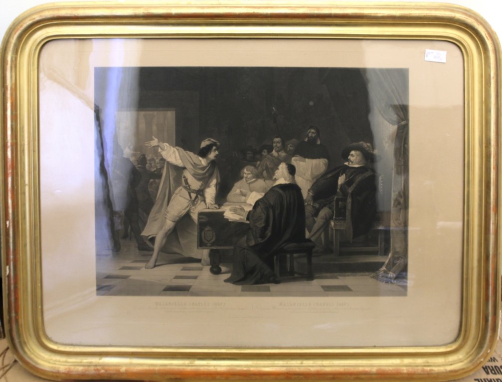 Grande stampa raffigurante episodio storico con: Grande stampa raffigurante episodio storico con cornice dorata, I metà sec.XIX cm. 120x100