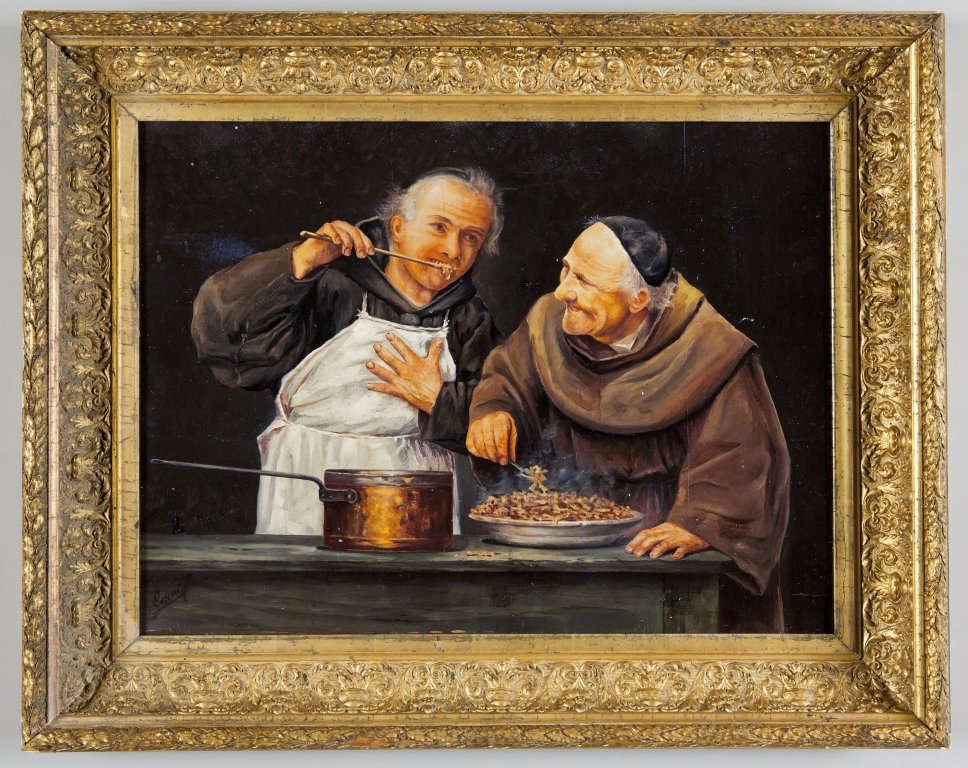 "Fraticelli golosi" olio su tavola inizi sec.XX,: "Fraticelli golosi" olio su tavola inizi sec.XX, cornice dorata sec.XIX cm. 76x49
