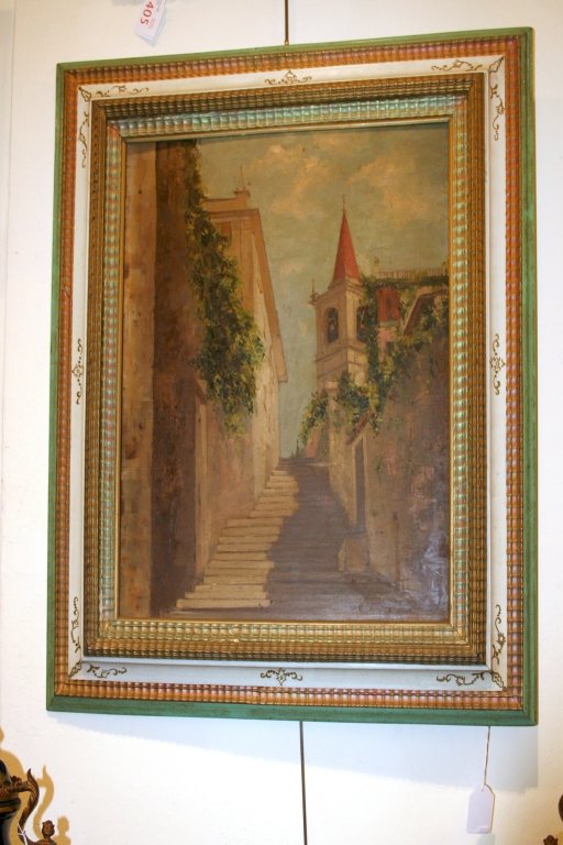 "Campanile rosso" olio inizi sec.XX, f.to b. a: "Campanile rosso" olio inizi sec.XX, f.to b. a ds. cm. 45x55