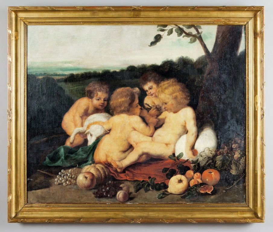 Scuola italiana I metà sec. XVIII "Natura morta: Scuola italiana I metà sec. XVIII "Natura morta con putti" olio, cornice in legno intagliato e dorato cm. 138x110