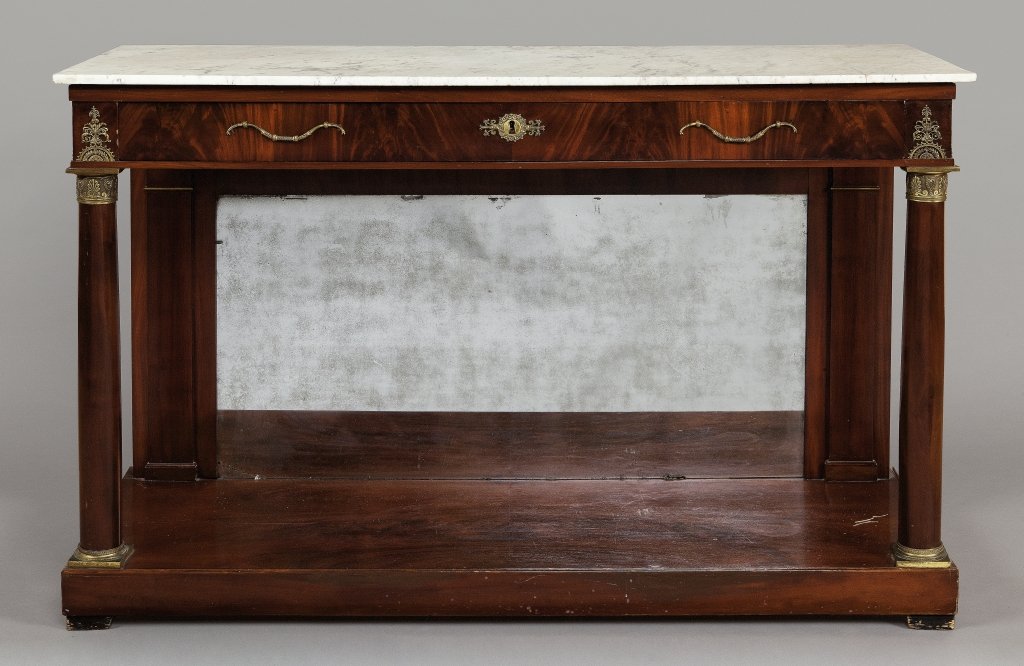 Console Impero lastronata in mogano, piano in: Console Impero lastronata in mogano, piano in marmo, Francia sec.XIX (cm.140x52xh.93)