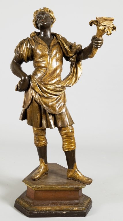 Moro con cornucopia, scultura in legno: Moro con cornucopia, scultura in legno intagliato, laccato e dorato, Venezia sec.XVIII h.cm.158