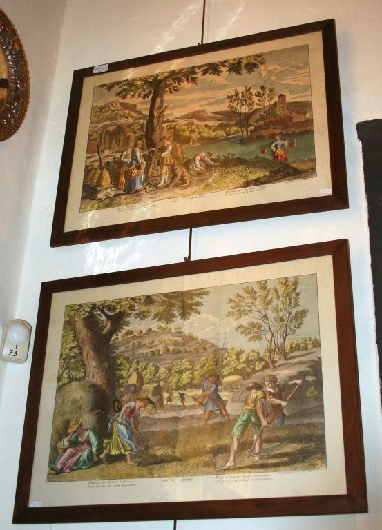 Coppia di stampe colorate raffiguranti scene: Coppia di stampe colorate raffiguranti scene bucoliche, Francia sec.XIX cm. 75x56