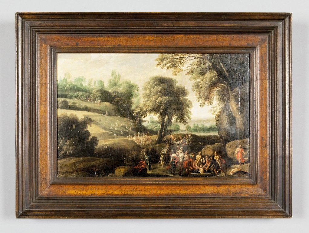 Scuola fiamminga sec.XVIII "Martirio di un Santo: Scuola fiamminga sec.XVIII "Martirio di un Santo in un paesaggio con molte figure" olio su tavola palchettata cm. 50x33