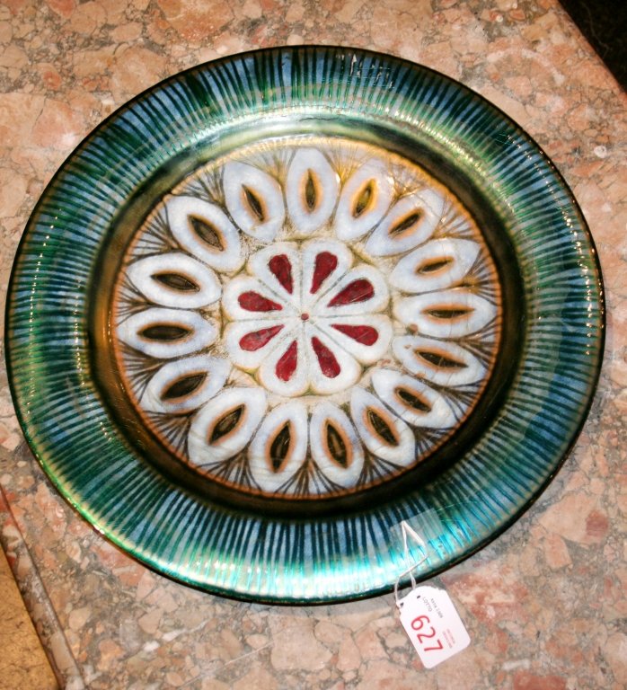 Piatto anni'30 in smalto nei toni dell'azzurro: Piatto anni'30 in smalto nei toni dell'azzurro sec.XX diam.cm.44