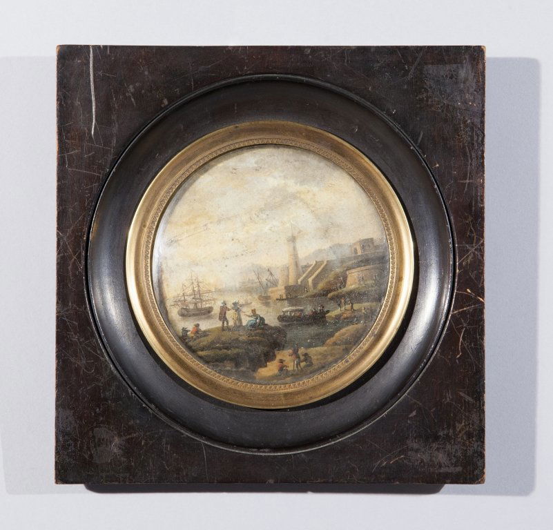 Scuola fiamminga sec.XVIII "Porto con figure": Scuola fiamminga sec.XVIII "Porto con figure" miniatura in cornice in legno ebanizzato e latta dorata cm.tot.18x18