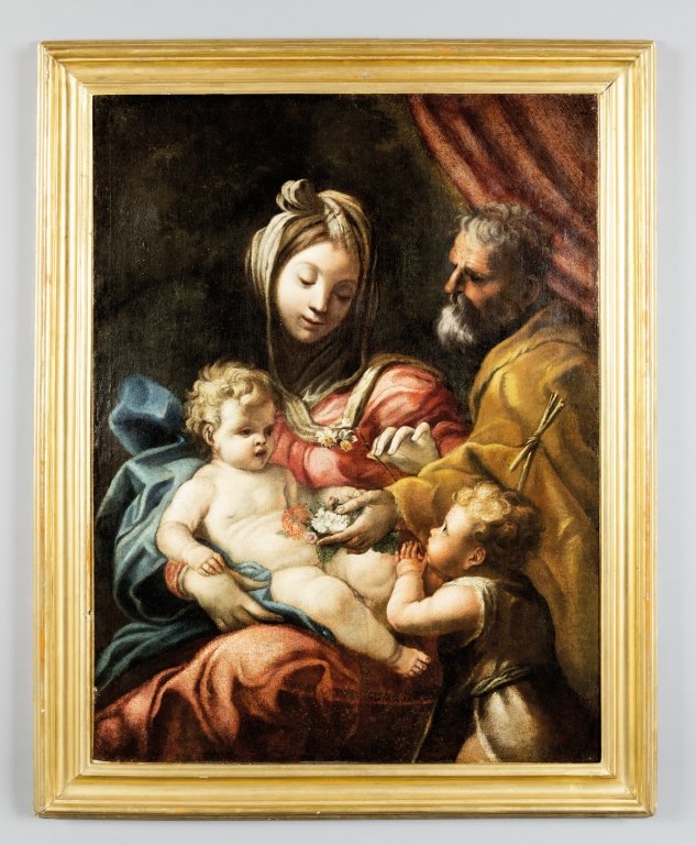 ELISABETTA SIRANI (1638-1665) ed: ELISABETTA SIRANI (1638-1665) ed accademia "Sacra Famiglia con San Giovannino" olio, cornice in legno intagliato e dorato sec. XVIII cm.96x132