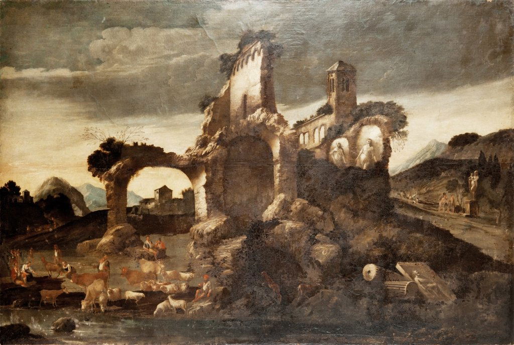 ANTONIO TRAVI (1608-1665) "Architettura con: ANTONIO TRAVI (1608-1665) "Architettura con armenti" olio cm. 300 x190