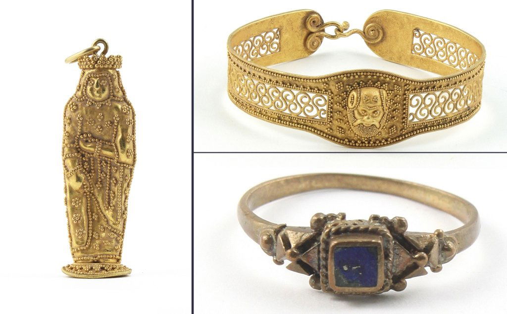 Bracciale, ciondolo e anello in oro alto titolo: Bracciale, ciondolo e anello in oro alto titolo lavorazione a filigrana che imita l'antico
