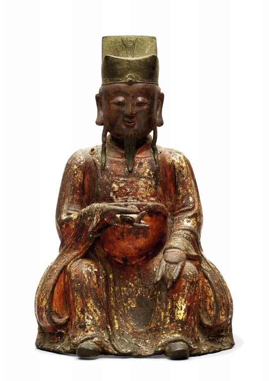 Statua di dignitario "Xuan-Wu" in bronzo laccato: Statua di dignitario "Xuan-Wu" in bronzo laccato e dorato seduto su base in legno, Cina dinastia Ming h cm 42