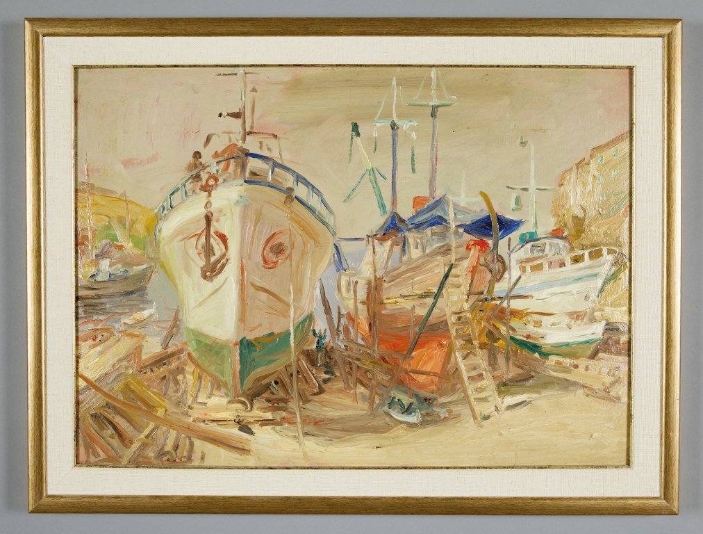 NEONATO NICOLA (1912-2006) Cantiere a Porto: NEONATO NICOLA (1912-2006) Cantiere a Porto Ercole olio su faesite cm.70x50 f.to nel retro e d.to'57