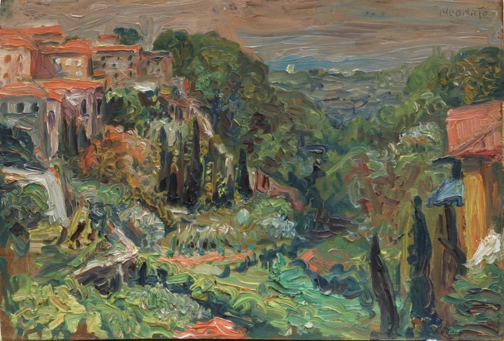 NEONATO NICOLA (1912-2006) Volterra olio: NEONATO NICOLA (1912-2006) Volterra olio su compensato cm.30x20