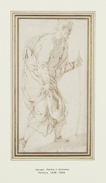 Jacopo Palma il Giovane (Venezia: Jacopo Palma il Giovane (Venezia 1548-1628) "Studio della figura di San Giuseppe per una Fuga in Egitto" penna e inchiostro bruno, acquarello bruno su carta giallina mm 270x142 timbro di collezione in