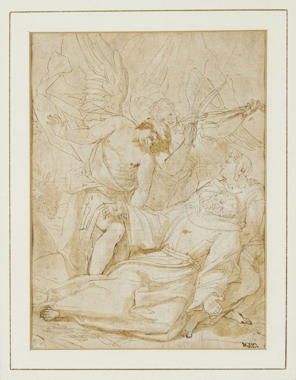 Scuola Emiliana sec.XVII Estasi di San: Scuola Emiliana sec.XVII Estasi di San Francesco acquarello e inchiostro su carta giallina mm 185x250 Siglato in basso a destra "W.Y.O"