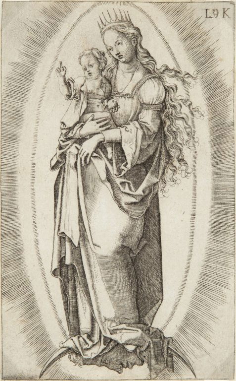 Ludwig Krug detto Maestro della Brocca: Ludwig Krug detto Maestro della Brocca (Norimberga 1489-1532) "La Vergine sulla mezzaluna" Bulino mm.79x128 Stato I/II due timbri di collezione non identificati B.7