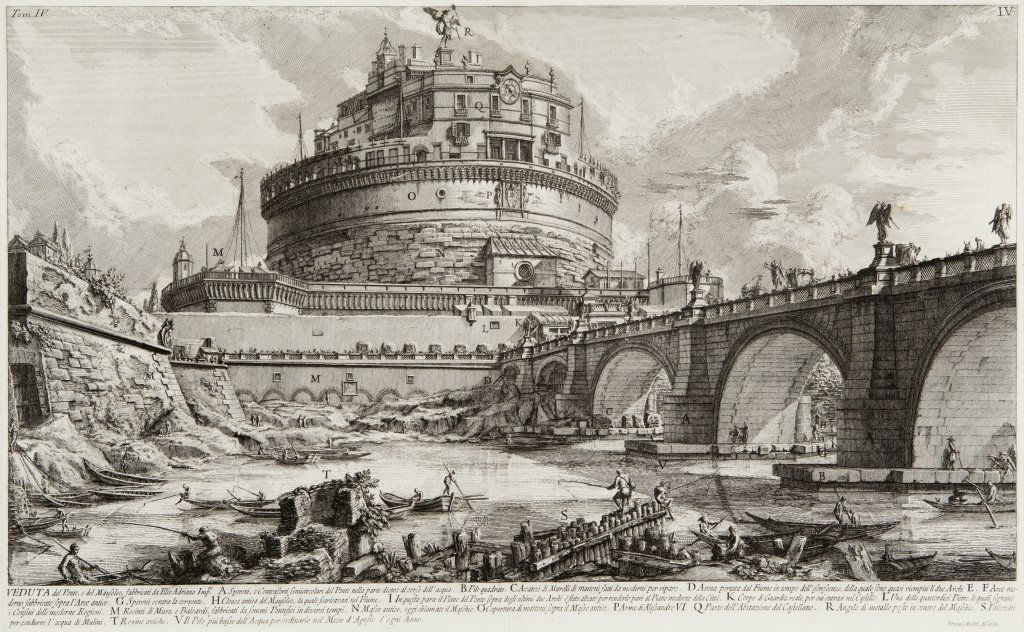 Giambattista Piranesi (Mogliano 1720-Roma: Giambattista Piranesi (Mogliano 1720-Roma 1778) Veduta del ponte e del mausoleo, fabbricati da Elio Adriano. acquaforte mm 370x650 Stato I Focillon 339, Wilton-Ely 472