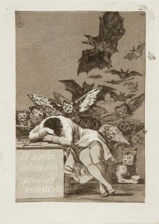 Francisco Goya y Lucientes (Fuente de Todo: Francisco Goya y Lucientes (Fuente de Todo 1746-Bordeaux 1828) El sueno de la razon produce monstruos acquaforte e acquatinta mm 215x150 I edizione del 1799 Los Caprichos Harris 43 Nel febbraio del 17