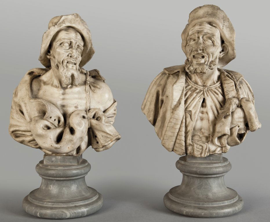 MARINALI ORAZIO (1643-1720) "Personaggi: MARINALI ORAZIO (1643-1720) "Personaggi popolari" coppia di busti in marmo bianco con basi in bardiglio (h.cm.47)