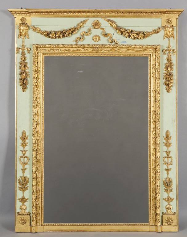 Caminiera Luigi XVI in legno finemente: Caminiera Luigi XVI in legno finemente intarsiato, dorato e laccato a fondo azzurro, Genova II metÃ sec.XVIII cm.140xh.178