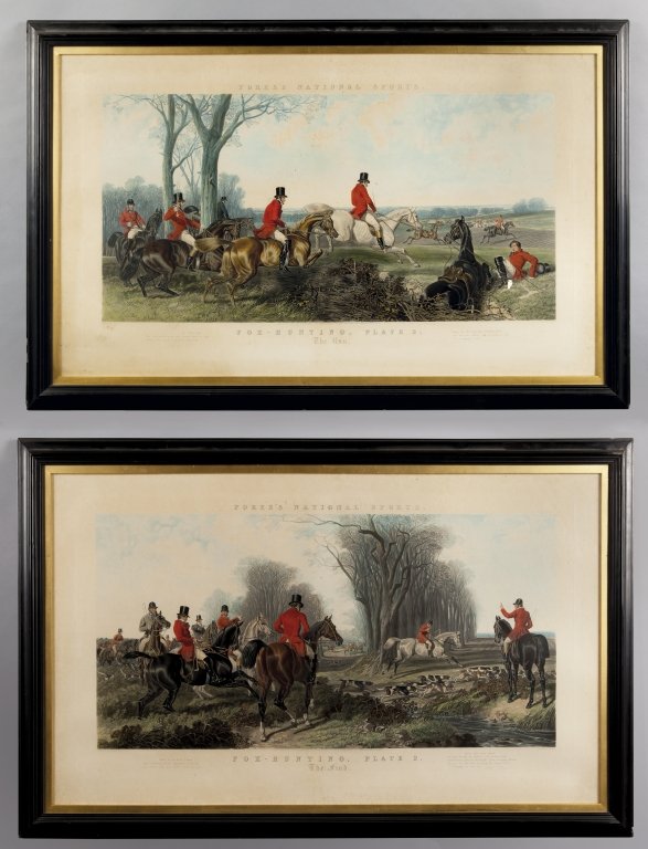 Caccia alla volpe coppia di grandi stampe: Caccia alla volpe coppia di grandi stampe colorate, disegnate da J.F.Herring, Londra 1852 stampate da J.Harris cm.140x90