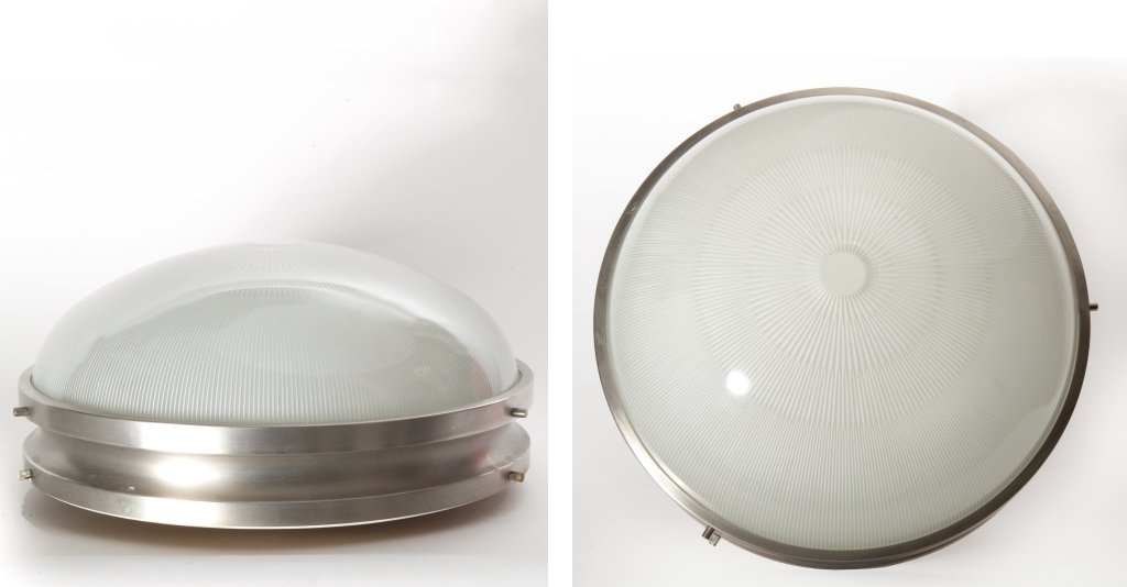 SERGIO MAZZA Due lampade a plafone "Sigma": SERGIO MAZZA Due lampade a plafone "Sigma" per ARTEMIDE, 1960 Ottone nichelato opaco, vetro stampato. Altezza cm 16, diametro cm 36. Letteratura: Domus 399 (febbraio 1963), p. d/108 catalogo Artemide