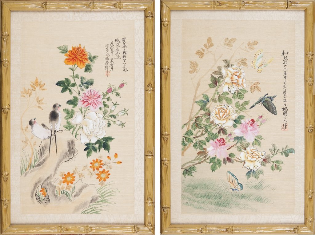 Coppia di dipinti cinesi su seta rappresentanti: Coppia di dipinti cinesi su seta rappresentanti motivi di fiori e animali con cornici di bambÃ¹ cm 43 x 29