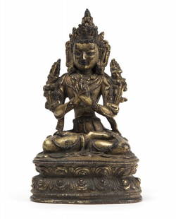 Avalokiteshvara in bronzo dorato seduta su fiore: Avalokiteshvara in bronzo dorato seduta su fiore di loto, Cina-Tibet sec.XVIII h cm 13