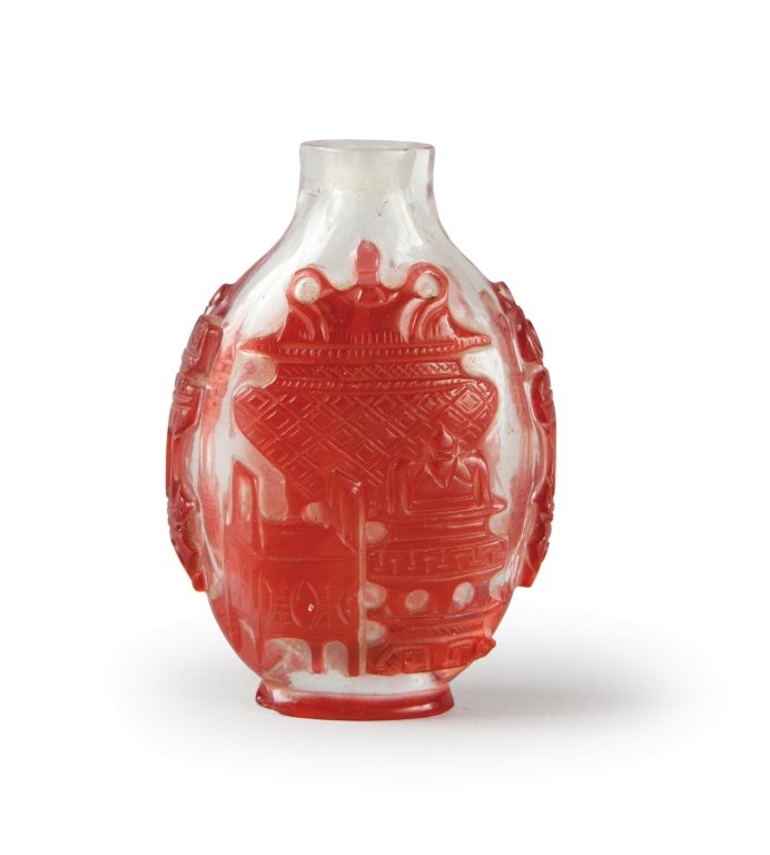 Snuff bottle in vetro, bicolore senza tappo, Cina: Snuff bottle in vetro, bicolore senza tappo, Cina sec.XX h cm 6