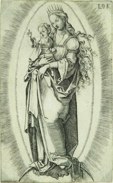Ludwig Krug detto Maestro della Brocca: Ludwig Krug detto Maestro della Brocca (Norimberga 1489-1532) "La Vergine sulla mezzaluna" Bulino mm.79x128 Stato I/II due timbri di collezione non identificati B.7