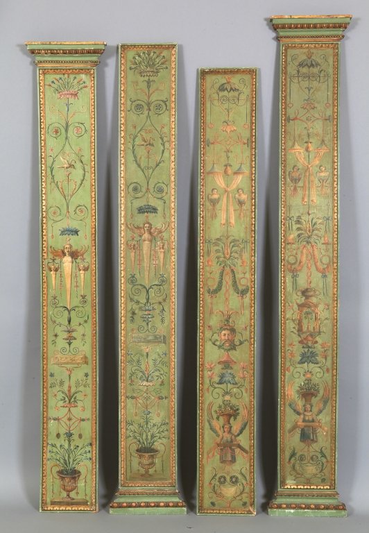 Quattro grandi lesene in stoffa dipinta montate e: Quattro grandi lesene in stoffa dipinta montate e incorniciate su pannelli di legno, Toscana sec.XVIII cm. 27x207