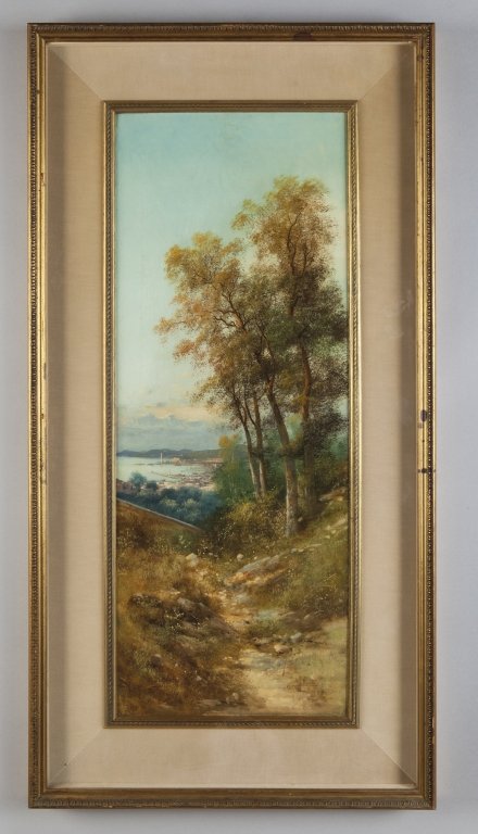 HENRY MARKO' (1855-1921) Veduta di Genova con: HENRY MARKO' (1855-1921) Veduta di Genova con la Lanterna dalle alture olio cm.35x89 f.to in b. a ds.