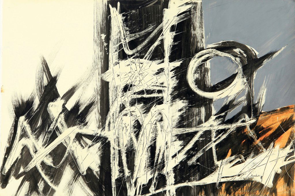 ANTONIO RECALCATI (1938-) Senza titolo: ANTONIO RECALCATI (1938-) Senza titolo 1959 tecnica mista su carta cm 33 x 48,5 firmato e datato in basso a destra firmato e datato sul retro provenienza: giÃ Collezione Gianni Bertini, Sestri Leva