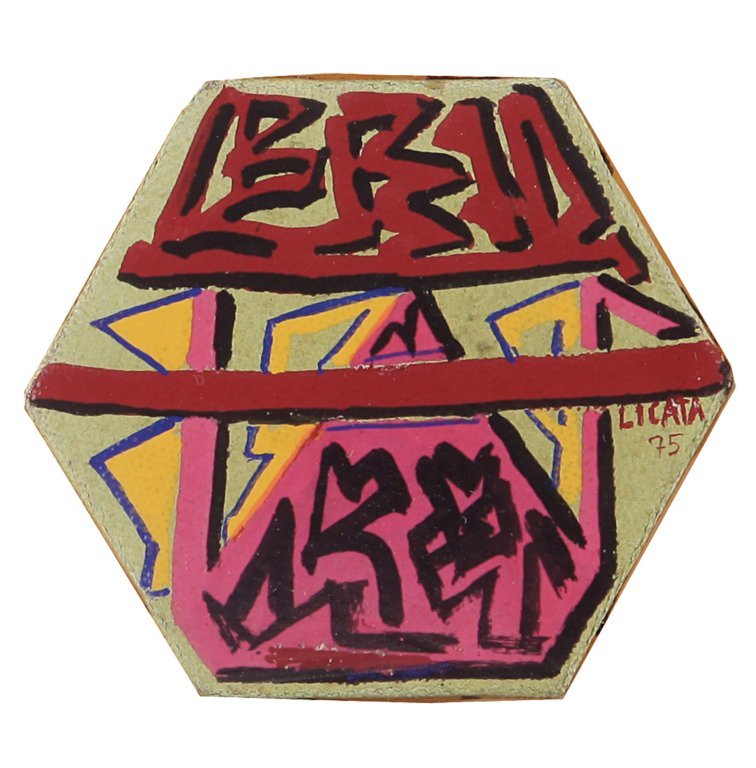 RICCARDO LICATA (1929-2014) Composizione: RICCARDO LICATA (1929-2014) Composizione 1975 olio su tela esagonale cm 9 x 10 firmato e datato a destra provenienza: giÃ Collezione Gianni Bertini, Sestri Levante (Ge) Composizione 1975 oil on hex