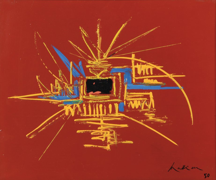 GEORGES MATHIEU (1921-2012) Folie Framboyante: GEORGES MATHIEU (1921-2012) Folie Framboyante 1950 olio su tela cm 50x60 firmato e datato in basso a destra firmato sul retro sul retro:timbro della Galleria Bellchasse, Parigi autentica dell'artista