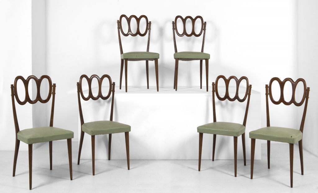 SEI SEDIE, anni Â’50. Legno di faggio, ottone,: SEI SEDIE, anni Â’50. Legno di faggio, ottone, sedute imbottite rivestite in tessuto. Altezza cm 97, larghezza 45, profonditÃ 44.