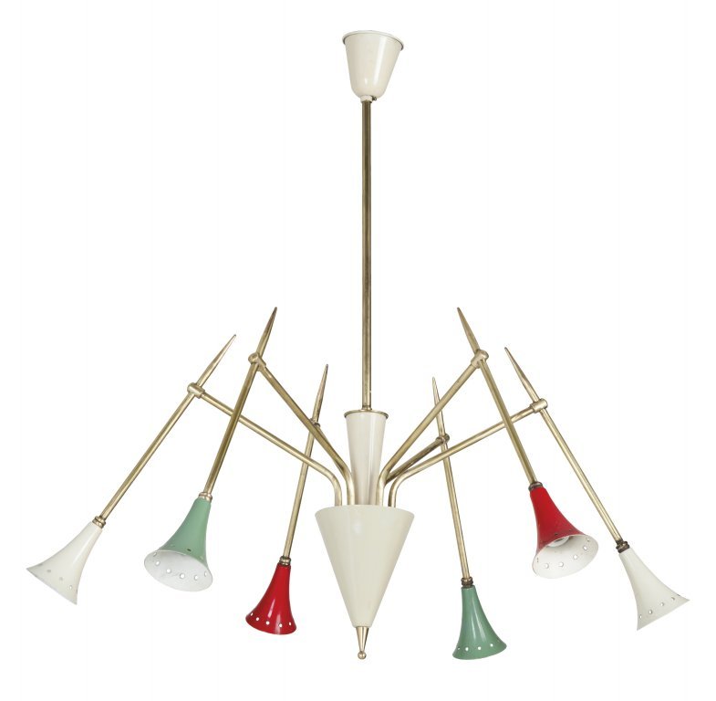 UN LAMPADARIO, anni Â’50. Ottone, alluminio: UN LAMPADARIO, anni Â’50. Ottone, alluminio laccato. Altezza cm 65, diametro cm 65.