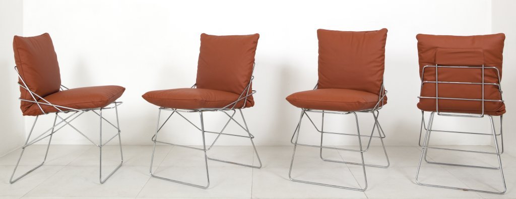 ENZO MARI Quattro sedie impilabili Â“DelfinaÂ”: ENZO MARI Quattro sedie impilabili Â“DelfinaÂ” per DRIADE, 1974. Tondino di acciaio cromato, cuscini rivestiti in pelle. Altezza cm 78, larghezza 48, profonditÃ 52. Letteratura: Domus 540 (no