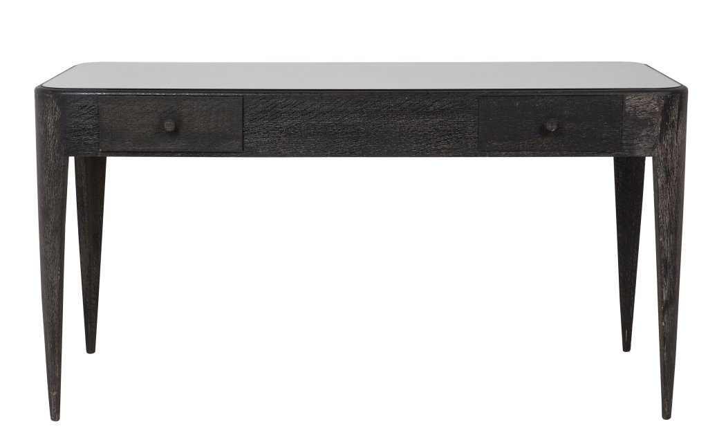 GIO PONTI (attribuzione) Una scrivania per: GIO PONTI (attribuzione) Una scrivania per CASA E GIARDINO, 1937. Legno di rovere tinto allÂ’anilina, piano in cristallo. Marca impressa sotto i due cassetti. Cm 72 (h) x 139 x 60. Accompagnata dal