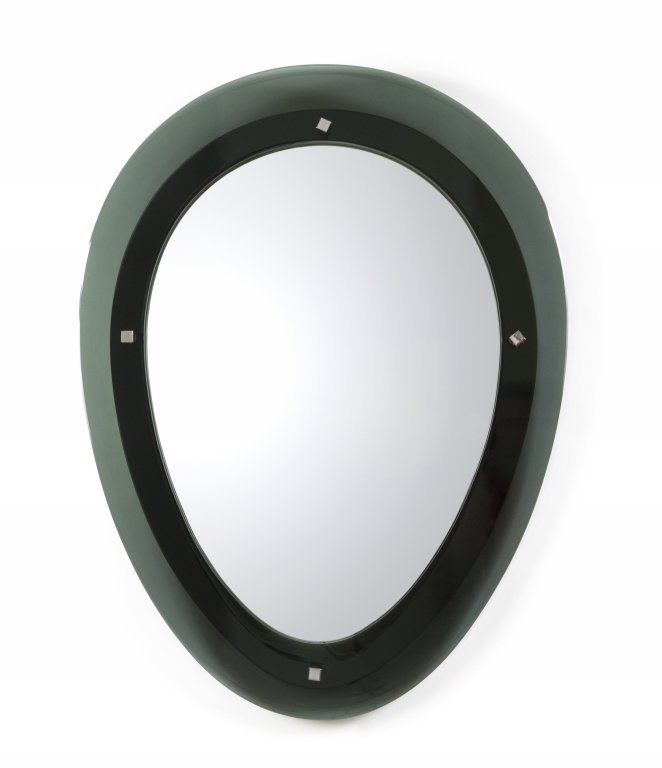 UNO SPECCHIO DA PARETE, anni Â’60. Cristallo: UNO SPECCHIO DA PARETE, anni Â’60. Cristallo colorato molato, cristallo argentato, ottone cromato, fodera in compensato. Cm 80 x 60. A wall mirror, 1960Â’s. Bevelled coloured crystal, mirrored c