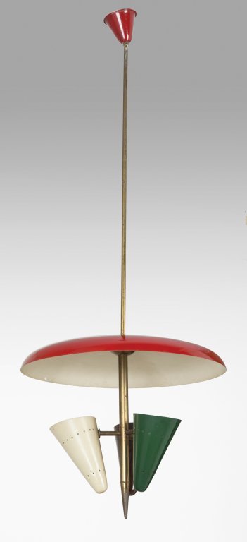 UNA LAMPADA A SOSPENSIONE, anni Â’50. Ottone,: UNA LAMPADA A SOSPENSIONE, anni Â’50. Ottone, alluminio laccato. Altezza cm 112, diametro cm 44. A Hanging lamp, 1950Â’s. Brass and lacquered aluminum. Height 44.1, diameter 17.3 inches.