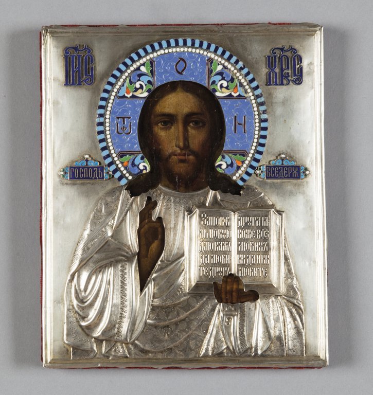 Icona in argento e smalti sec.XIX cm. 22x26: Icona in argento e smalti sec.XIX cm. 22x26