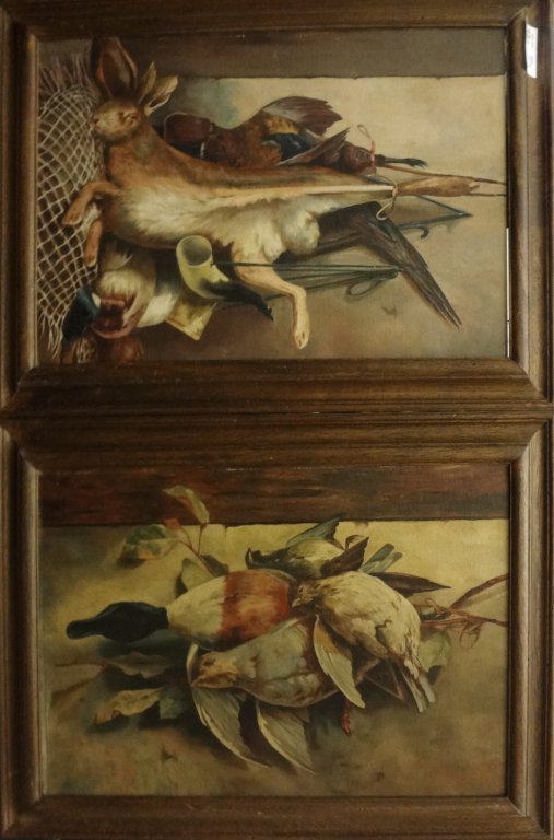 "Nature morte con cacciagione" coppia di olii su: "Nature morte con cacciagione" coppia di olii su faesite (cm. 35x50) e "Nature morte con pesci e frutta" coppia di olii su faesite