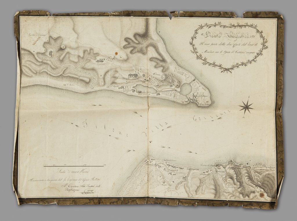 Disegno dello stretto di Messina e sue: Disegno dello stretto di Messina e sue fortificazioni sec.XIX cm.64x46
