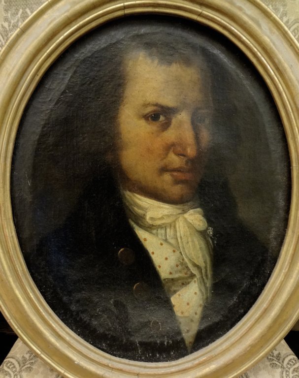 "Ritratto di gentiluomo con gilet a pois" olio di: "Ritratto di gentiluomo con gilet a pois" olio di forma ovale sec.XVIII cm. 38x46