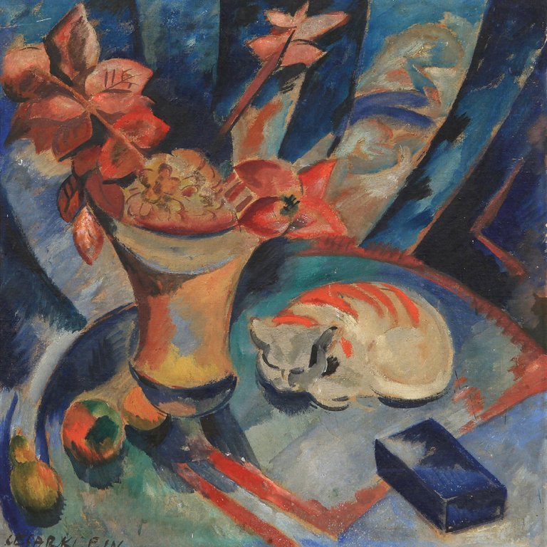 KLEIN CESAR CARL ROBERT ANDREAS (1876-1954): KLEIN CESAR CARL ROBERT ANDREAS (1876-1954) Still life with flowers and cat olio su tela cm 75x75 firmato in basso a sinistra provenienza: giÃ collezione Christie's 20/12/2006, Londra Still life wi