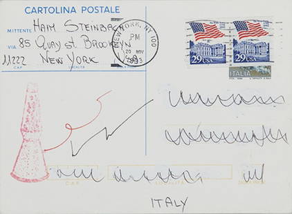 STEINBACH HAIM (1944-) Cartolina postale cm: STEINBACH HAIM (1944-) Cartolina postale cm 10,5x14 mittente: Haim Steinbach 85 Quay st.Brooklyn 11222 New York destinatario cancellato Postcard 4,14x5,52 in sender: Haim Steinbach 85 Quay st.Brooklyn