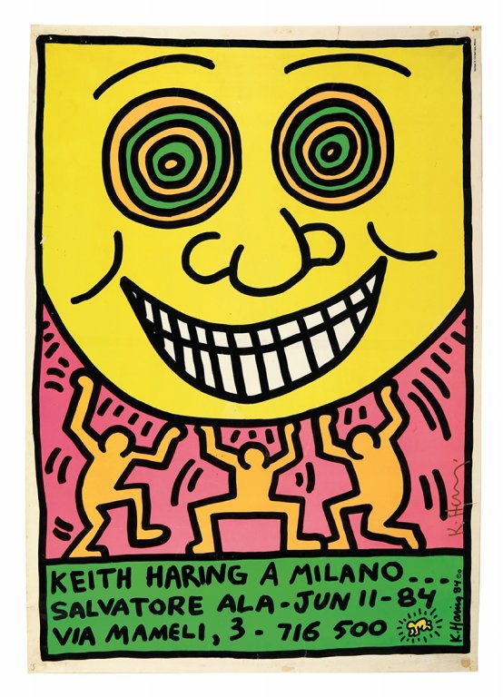 KEITH HARING (1958-1990) Manifesto della: KEITH HARING (1958-1990) Manifesto della mostra da Salvatore Ala, Milano 1984 cm 100x70 firmato in basso a destra Exhibition poster at Salvatore Ala's, Milan 1984 39,4x27,58 in signed lower right