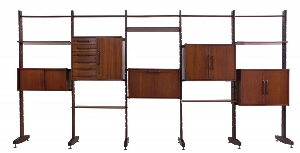 UN MOBILE LIBRERIA, anni "60. Legno di teak,: UN MOBILE LIBRERIA, anni "60. Legno di teak, piedini regolabili di ottone. Cm 203 (h) x 420 x 40. A "Pinguino" floor lamp manufactured by ARREDOLUCE, 1950"s. Polished varnished brass , frosted opaline