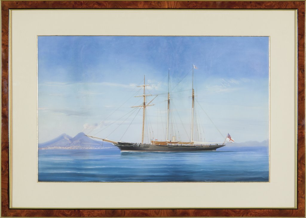 "Veliero sullo sfondo il Vesuvio" gouache: "Veliero sullo sfondo il Vesuvio" gouache sec.XIX cm. 66x42